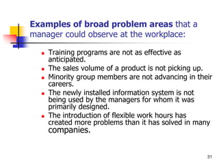 Examples of broad problem areas that a
manager could observe at the workplace:
 Training programs are not as effective as
anticipated.
 The sales volume of a product is not picking up.
 Minority group members are not advancing in their
careers.
 The newly installed information system is not
being used by the managers for whom it was
primarily designed.
 The introduction of flexible work hours has
created more problems than it has solved in many
companies.
31
 