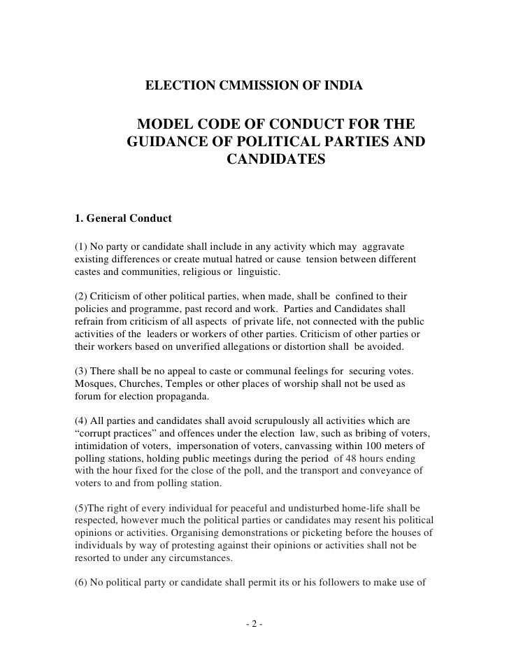 Model Code of Conduct for the Political Parties and Candidates