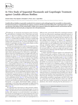 In Vitro Study of Sequential Fluconazole and Caspofungin Treatment
against Candida albicans Bioﬁlms
Semanti Sarkar, Priya Uppuluri, Christopher G. Pierce, Jose L. Lopez-Ribot
Department of Biology and South Texas Center for Emerging Infectious Diseases, The University of Texas at San Antonio, San Antonio, Texas, USA
Candida albicans bioﬁlms are generally considered to be resistant to azole antifungal agents but susceptible to echinocandins.
We demonstrate that in a sequential therapy regimen, treatment with ﬂuconazole ﬁrst followed by caspofungin leads to a signiﬁ-
cant decrease of the efﬁcacy of this echinocandin. Cellular stress responses induced by high ﬂuconazole concentrations and me-
diated by Hsp90 and calcineurin play an important role in this phenomenon.
Candida spp. are among the most frequent causes of nosoco-
mial infections in hospitals in the United States and world-
wide (1–3). This rise in incidence is at least in part related to the
organism’s ability to produce bioﬁlm infections on medical de-
vices (4, 5). Candida albicans bioﬁlms are known to display high
levels of resistance to most major classes of antifungal agents, in-
cluding azoles and polyenes (6). In contrast, therapeutic concen-
trations of caspofungin and other echinocandins display excellent
activity against C. albicans bioﬁlms (6–9).
We have previously reported a trend toward antagonism when
ﬂuconazole and caspofungin are used in combination against C.
albicans bioﬁlms (10). In the present study, we examined whether
this antagonistic interaction is also manifested in bioﬁlms sequen-
tially treated with ﬂuconazole ﬁrst followed by caspofungin. C.
albicans strain SC5314 bioﬁlms grown overnight under static con-
ditions in the wells of 96-well microtiter plates as previously de-
scribed by our group (11, 12) were ﬁrst treated with various con-
centrations of ﬂuconazole for 24 h. As expected, these bioﬁlms
were completely resistant to the drug (sessile MIC80 [SMIC80] Ͼ
512 ␮g/ml) as revealed by measuring metabolic activity using a
XTT [2,3-bis(2-methoxy-4-nitro-5-sulfo-phenyl)-2H-tetrazoli-
um-5-carboxanilide] reduction assay (11, 12). On the other hand,
duplicate bioﬁlms treated with a range of concentrations of caspo-
fungin were found to be completely sensitive to caspofungin (Fig.
1A). In a sequential antifungal drug therapy regimen, i.e., treat-
ment of mature C. albicans bioﬁlms by ﬂuconazole ﬁrst, for 24 h,
followed by another 24 h of caspofungin treatment (using a check-
erboard pattern of concentrations as described in reference 10),
we observed a signiﬁcant decrease in the efﬁcacy of this echino-
candin, thereby considerably diminishing its otherwise excellent
in vitro antibioﬁlm activity (Fig. 1A). We found that this dimin-
ished activity was directly dependent on the concentration of ﬂu-
conazole used: bioﬁlms pretreated with higher concentrations of
ﬂuconazole (Ͼ16 ␮g/ml) demonstrated higher resistance to
caspofungin. On the other hand, caspofungin was highly effective
against bioﬁlms pretreated with ﬂuconazole concentrations Ͻ 4
␮g/ml (Fig. 1A).
We expanded these observations to other potential combina-
tions of clinically used azole and echinocandin agents. As seen in
Table 1, the phenomenon of increased echinocandin resistance of
bioﬁlms after exposure to an azole derivative is not unique to
ﬂuconazole and caspofungin but was also manifested in the case of
sequential treatment with ﬂuconazole followed by either micafun-
gin or anidulanfungin, as well as in the case of preexposure to a
different azole, voriconazole, followed by caspofungin treatment.
As in the case of ﬂuconazole-caspofungin sequential treatment, in
all instances this phenomenon of increased echinocandin resis-
tance was observed after the bioﬁlms had been exposed to rela-
tively high concentrations of the azole derivatives. We also note
that multiple clinical isolates of C. albicans (13) displayed in-
creased resistance to caspofungin after ﬂuconazole pretreatment,
while this effect was not manifested by other non-albicans Can-
dida spp., including C. glabrata, C. dubliniensis, and C. parapsilosis
(not shown). Together, these results would seem to corroborate
the increased ability of C. albicans to adapt and respond to envi-
ronmental stresses which has made this fungus such a formidable
opportunistic pathogen (14).
A similar sequential treatment regimen was performed with
bioﬁlms formed under conditions of shear stress. In this set of
experiments, bioﬁlms of C. albicans strain SC5314 were developed
on silicone strips using a ﬂow bioﬁlm model (15) for 12 h before
being subjected to media containing ﬂuconazole (500 ␮g/ml) for
another 12 h. At this point, the metabolic activity of portions of
the bioﬁlm was measured using the XTT assay. As expected, the
bioﬁlms were found to be completely resistant to ﬂuconazole.
However, on subsequent treatment of these bioﬁlms with media
containing caspofungin (0.125 ␮g/ml, a concentration that was
fully active against control bioﬁlms in the absence of ﬂuconazole),
the bioﬁlms that had been preexposed to ﬂuconazole were found
to be resistant to this concentration of caspofungin. However, the
induced resistance to caspofungin did not manifest once cells dis-
persed from the bioﬁlms: when tested following CLSI procedures,
dispersed cells (obtained as described before by our group [16])
remained fully susceptible to caspofungin, with MICs in the range
of 1 ␮g/ml that were virtually identical to those seen with dis-
persed cells from bioﬁlms unexposed to ﬂuconazole and with
planktonic cells, thereby indicating that this phenomenon is re-
Received 12 August 2013 Returned for modiﬁcation 10 September 2013
Accepted 5 November 2013
Published ahead of print 11 November 2013
Address correspondence to Jose L. Lopez-Ribot, jose.lopezribot@utsa.edu.
S.S. and P.U. contributed equally to this article.
Copyright © 2014, American Society for Microbiology. All Rights Reserved.
doi:10.1128/AAC.01745-13
February 2014 Volume 58 Number 2 Antimicrobial Agents and Chemotherapy p. 1183–1186 aac.asm.org 1183
onJune19,2015byguesthttp://aac.asm.org/Downloadedfrom
 