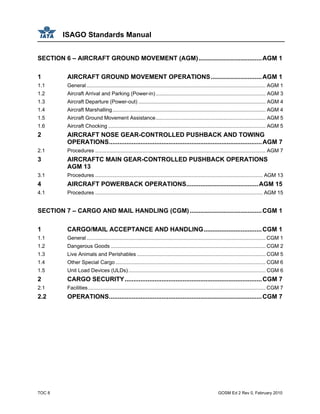 ISAGO Standards Manual
TOC 8 GOSM Ed 2 Rev 0, February 2010
SECTION 6 – AIRCRAFT GROUND MOVEMENT (AGM)....................................AGM 1
1 AIRCRAFT GROUND MOVEMENT OPERATIONS.............................AGM 1
1.1 General............................................................................................................................ AGM 1
1.2 Aircraft Arrival and Parking (Power-in) ............................................................................ AGM 3
1.3 Aircraft Departure (Power-out) ........................................................................................ AGM 4
1.4 Aircraft Marshalling.......................................................................................................... AGM 4
1.5 Aircraft Ground Movement Assistance............................................................................ AGM 5
1.6 Aircraft Chocking ............................................................................................................. AGM 5
2 AIRCRAFT NOSE GEAR-CONTROLLED PUSHBACK AND TOWING
OPERATIONS.......................................................................................AGM 7
2.1 Procedures ...................................................................................................................... AGM 7
3 AIRCRAFTC MAIN GEAR-CONTROLLED PUSHBACK OPERATIONS
AGM 13
3.1 Procedures .................................................................................................................... AGM 13
4 AIRCRAFT POWERBACK OPERATIONS.........................................AGM 15
4.1 Procedures .................................................................................................................... AGM 15
SECTION 7 – CARGO AND MAIL HANDLING (CGM).........................................CGM 1
1 CARGO/MAIL ACCEPTANCE AND HANDLING.................................CGM 1
1.1 General............................................................................................................................ CGM 1
1.2 Dangerous Goods ........................................................................................................... CGM 2
1.3 Live Animals and Perishables ......................................................................................... CGM 5
1.4 Other Special Cargo........................................................................................................ CGM 6
1.5 Unit Load Devices (ULDs)............................................................................................... CGM 6
2 CARGO SECURITY..............................................................................CGM 7
2.1 Facilities........................................................................................................................... CGM 7
2.2 OPERATIONS.......................................................................................CGM 7
 