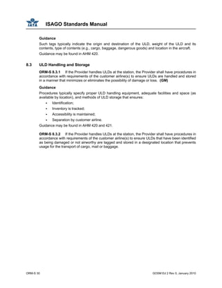 ISAGO Standards Manual
ORM-S 30 GOSM Ed 2 Rev 0, January 2010
Guidance
Such tags typically indicate the origin and destination of the ULD, weight of the ULD and its
contents, type of contents (e.g., cargo, baggage, dangerous goods) and location in the aircraft.
Guidance may be found in AHM 420.
8.3 ULD Handling and Storage
ORM-S 8.3.1 If the Provider handles ULDs at the station, the Provider shall have procedures in
accordance with requirements of the customer airline(s) to ensure ULDs are handled and stored
in a manner that minimizes or eliminates the possibility of damage or loss. (GM)
Guidance
Procedures typically specify proper ULD handling equipment, adequate facilities and space (as
available by location), and methods of ULD storage that ensures:
Identification;
Inventory is tracked;
Accessibility is maintained;
Separation by customer airline.
Guidance may be found in AHM 420 and 421.
ORM-S 8.3.2 If the Provider handles ULDs at the station, the Provider shall have procedures in
accordance with requirements of the customer airline(s) to ensure ULDs that have been identified
as being damaged or not airworthy are tagged and stored in a designated location that prevents
usage for the transport of cargo, mail or baggage.
 