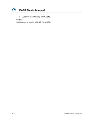 ISAGO Standards Manual
LOD 8 GOSM Ed 2 Rev 0, January 2010
iii) ULD Stock Check Message (SCM). (GM)
Guidance
Guidance may be found in AHM 423, 780, and 781.
 