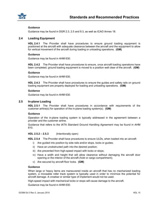 Standards and Recommended Practices
GOSM Ed 2 Rev 0, January 2010 HDL 15
Guidance
Guidance may be found in DGR 2.3, 2.5 and 9.3, as well as ICAO Annex 18.
2.4 Loading Equipment
HDL 2.4.1 The Provider shall have procedures to ensure ground loading equipment is
positioned at the aircraft with adequate clearance between the aircraft and the equipment to allow
for vertical movement of the aircraft during loading or unloading operations. (GM)
Guidance
Guidance may be found in AHM 630.
HDL 2.4.2 The Provider shall have procedures to ensure, once aircraft loading operations have
been completed, ground loading equipment is moved to a position well clear of the aircraft. (GM)
Guidance
Guidance may be found in AHM 630.
HDL 2.4.3 The Provider shall have procedures to ensure the guides and safety rails on ground
loading equipment are properly deployed for loading and unloading operations. (GM)
Guidance
Guidance may be found in AHM 630.
2.5 In-plane Loading
HDL 2.5.1 The Provider shall have procedures in accordance with requirements of the
customer airline(s) for operation of the in-plane loading system(s). (GM)
Guidance
Operation of the in-plane loading system is typically addressed in the agreement between a
provider and the customer airline.
Guidance that refers to the IATA Standard Ground Handling Agreement may be found in AHM
810.
HDL 2.5.2 – 2.5.3 (Intentionally open)
HDL 2.5.4 The Provider shall have procedures to ensure ULDs, when loaded into an aircraft:
i) Are guided into position by side rails and/or stops, locks or guides;
ii) Have an unobstructed path into the desired position;
iii) Are prevented from high-speed impact with locks or stops;
iv) Have a width and height that will allow clearance without damaging the aircraft door
opening or the interior of the aircraft (hold or cargo compartment);
v) Are secured by aircraft floor locks. (GM)
Guidance
When large or heavy items are maneuvered inside an aircraft that has no mechanized loading
system, a moveable roller track system is typically used in order to minimize the potential for
aircraft damage. A crowbar or similar type of implement would not be used.
High-speed impact with mechanical locks or stops will cause damage to the aircraft.
Guidance may be found in AHM 630.
 