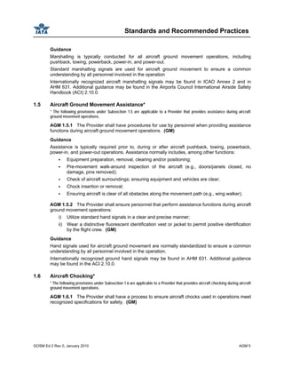 Standards and Recommended Practices
GOSM Ed 2 Rev 0, January 2010 AGM 5
Guidance
Marshalling is typically conducted for all aircraft ground movement operations, including
pushback, towing, powerback, power-in, and power-out.
Standard marshalling signals are used for aircraft ground movement to ensure a common
understanding by all personnel involved in the operation
Internationally recognized aircraft marshalling signals may be found in ICAO Annex 2 and in
AHM 631. Additional guidance may be found in the Airports Council International Airside Safety
Handbook (ACI) 2.10.0.
1.5 Aircraft Ground Movement Assistance*
* The following provisions under Subsection 1.5 are applicable to a Provider that provides assistance during aircraft
ground movement operations.
AGM 1.5.1 The Provider shall have procedures for use by personnel when providing assistance
functions during aircraft ground movement operations. (GM)
Guidance
Assistance is typically required prior to, during or after aircraft pushback, towing, powerback,
power-in, and power-out operations. Assistance normally includes, among other functions:
Equipment preparation, removal, clearing and/or positioning;
Pre-movement walk-around inspection of the aircraft (e.g., doors/panels closed, no
damage, pins removed);
Check of aircraft surroundings; ensuring equipment and vehicles are clear;
Chock insertion or removal;
Ensuring aircraft is clear of all obstacles along the movement path (e.g., wing walker).
AGM 1.5.2 The Provider shall ensure personnel that perform assistance functions during aircraft
ground movement operations:
i) Utilize standard hand signals in a clear and precise manner;
ii) Wear a distinctive fluorescent identification vest or jacket to permit positive identification
by the flight crew. (GM)
Guidance
Hand signals used for aircraft ground movement are normally standardized to ensure a common
understanding by all personnel involved in the operation.
Internationally recognized ground hand signals may be found in AHM 631. Additional guidance
may be found in the ACI 2.10.0.
1.6 Aircraft Chocking*
* The following provisions under Subsection 1.6 are applicable to a Provider that provides aircraft chocking during aircraft
ground movement operations.
AGM 1.6.1 The Provider shall have a process to ensure aircraft chocks used in operations meet
recognized specifications for safety. (GM)
 