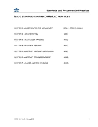 Standards and Recommended Practices
GOSM Ed 2 Rev 0, February 2010 I
ISAGO STANDARDS AND RECOMMENDED PRACTICES
SECTION 1 → ORGANIZATION AND MANAGEMENT (ORM-H, ORM-HS, ORM-S)
SECTION 2 → LOAD CONTROL (LOD)
SECTION 3 → PASSENGER HANDLING (PAX)
SECTION 4 → BAGGAGE HANDLING (BAG)
SECTION 5 → AIRCRAFT HANDLING AND LOADING (HDL)
SECTION 6 → AIRCRAFT GROUND MOVEMENT (AGM)
SECTION 7 → CARGO AND MAIL HANDLING (CGM)
 