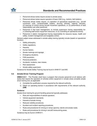 Standards and Recommended Practices
GOSM Ed 2 Rev 0, January 2010 ORM-H 25
Personnel whose duties require access to airside areas;
Personnel whose duties require operation of basic GSE (e.g., tractors, belt loaders);
Personnel whose duties require: (1) operation of specialized equipment (e.g., aircraft
movement units, container/pallet loaders, de-icing vehicles, catering vehicles),
(2) exercise of control during aircraft movement operations, or (3) performance of lead
responsibility over other personnel;
Personnel in first level management, to include supervisors having responsibility for:
(1) directing staff and/or equipment resources, or (2) controlling an operational activity;
Personnel in station management having responsibility for resource issues, health and
safety, incident management and budgetary control;
General subject areas addressed in airside safety training typically include (based on operational
function):
Safety philosophy;
Safety regulations;
Hazards;
Human factors;
Airside markings and signage;
Emergency situations;
FOD prevention;
Personal protection;
Accidents, incidents, near misses;
Risk assessment;
Airside safety supervision.
Guidance for Airside Safety Training may be found in AHM 611 and 640.
5.5 Airside Driver Training Program
ORM-H 5.5.1 The Provider shall have a program that ensures personnel at all stations with
duties that require the operation of vehicles and/or equipment in airside areas complete airside
driver training and, as applicable:
i) Complete the qualification process required by the relevant authority;
ii) Obtain an operating license in accordance with requirements of the relevant authority.
(GM)
Guidance
Airside driver training for ground handling personnel typically addresses:
Role and responsibilities of vehicle operators;
Vehicle equipment standards;
Hazards of airside driving;
Reduced visibility procedures;
Accident and incident reporting procedures;
Rules and procedures for driving on ramps (aprons), stands and airside roads;
Rules and procedures for driving in aircraft maneuvering areas.
Guidance may be found in AHM 611.
 