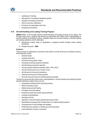 Standards and Recommended Practices
GOSM Ed 2 Rev 0, January 2010 ORM-H 29
Labeling and marking;
Recognition of undeclared dangerous goods;
Storage and loading procedures;
Pilot-in-command notification;
Provisions for passengers and crew;
Emergency procedures.
5.10 Aircraft Handling and Loading Training Program
ORM-H 5.10.1 If the Provider delivers aircraft handling and loading services at any station, the
Provider shall have a program that ensures all personnel with duties and/or responsibilities in
aircraft handling and loading functions complete initial and recurrent training in aircraft handling
and loading operations, which addresses:
i) Operational subject areas as applicable to assigned aircraft handling and/or loading
function(s);
ii) Dangerous goods. (GM)
Guidance
Training would be applicable to personnel that perform aircraft servicing and loading functions,
which typically include:
General loader;
Loading supervisor;
Aircraft servicing (water, toilet);
Passenger boarding equipment operator;
Aircraft loading equipment operator;
Ground support equipment operator (GPU, ASU, ACU);
Aircraft chocking and use of marker cones;
Aircraft ground movement assistance;
Catering servicing and vehicle operator;
De-/anti-icing servicing and vehicle/equipment operator.
Training for personnel with duties and/or responsibilities in aircraft handling and loading functions
typically addresses subject areas such as:
Irregularity/incident/accident reporting process;
Manual handling of load;
Safety during aircraft fuelling;
Principles of aircraft loading;
Handling of loads that require special attention;
Loading incompatibilities;
Handling of ULDs;
Operation of aircraft loading systems/securing of ULDs;
Identification/consequences of malfunctions of in-plane loading systems;
Consequences of load damage and spillage;
Positioning and operation of loading and servicing equip;
Load notification to pilot-in-command;
 