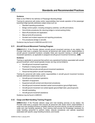 Standards and Recommended Practices
GOSM Ed 2 Rev 0, January 2010 ORM-H 31
Guidance
Refer to the ITRM for the definition of Passenger Boarding Bridge.
Training for personnel with duties and/or responsibilities that include operation of the passenger
boarding bridge typically addresses subject areas such as:
Standard operating procedures;
Bridge control system, including emergency switches, cut-offs and buttons;
Out-of-limits procedures (for returning bridge to normal working limits);
Back-off procedures and application;
Manual wind-off procedures;
Accident and incident response and reporting procedures;
Fire procedures (bridge or aircraft).
Guidance may be found in AHM 634 and ACI 2.4.0.
5.11 Aircraft Ground Movement Training Program
ORM-H 5.11.1 If the Provider delivers aircraft ground movement services at any station, the
Provider shall have a program that ensures all personnel with duties and/or responsibilities in
aircraft ground movement functions complete initial and recurrent training in aircraft ground
movement operations, as applicable to assigned aircraft ground movement function(s). (GM)
Guidance
Training is applicable to personnel that perform any operational functions associated with aircraft
ground movement, which would typically include, but may not be limited to:
Aircraft ground movement supervisor;
Pushback or towing tractor operator;
Personnel that provide aircraft ground movement assistance;
Personnel that perform aircraft marshalling;
Training for personnel with duties and/or responsibilities in aircraft ground movement functions
typically addresses subject areas such as:
Aircraft ground movement operations;
Operation of equipment;
Equipment-aircraft connect and disconnect procedures;
Aircraft ground movement standard verbal communications (ground-flight deck);
Aircraft ground movement non-verbal signals (ground-flight deck, ground-ground);
Aircraft marshalling
Aircraft ground movement assistance
Guidance may be found in AHM 631.
5.12 Cargo and Mail Handling Training Program
ORM-H 5.12.1 If the Provider delivers cargo and mail handling services at any station, the
Provider shall have a program that ensures all personnel with duties and/or responsibilities in
cargo and mail handling functions complete initial and recurrent training, as well as evaluation, in
cargo and mail handling operations. Such training shall provide the knowledge necessary for
cargo handling personnel to perform duties, execute procedures and operate equipment
associated with specific cargo handling functions, and include:
 