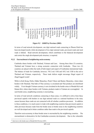 Final Report Summary
The Study on the Road Network Development
in the Kingdom of Cambodia October 2006
MP-A-46
Figure 9.2 GRDP by Province (2003)
In terms of road network development, one digit national roads connecting to Phnom Penh has
been developed mostly while development of two digit national roads, provincial roads and rural
roads is behind. Road network development, which contributes to the balanced development
and correct the single development pole structure, is required.
9.2.2 Encroachment of neighboring socio-economy
Cambodia shares borders with Thailand, Vietnam and Laos. Among these three (3) countries,
Thailand and Vietnam have a strong economic connection with Cambodia. These two (2)
countries are placed within the tenth of both import and export of Cambodian international trade.
The balance of trade for Cambodia, however, 745.2 mil. US$ and 105.2 mil. US$ in the red to
Thailand and Vietnam, respectively. These trade defects might encourage illegal export of
illegal logged woods1
.
While in Koh Kong, Pailin, Oddar Meanchey, Preah Vihear and Bantey Meanchey, where share
borders with Thailand, Thai baht of Thai currency is circulated and Thai products are distributed
widely. Even thought Vietnam currency is not circulated in the border areas in Mondul Kiri and
Ratana Kiri, where share borders with Vietnam, products made in Vietnam are oversupplied. In
such border areas, neighboring economy is encroaching.
In terms of road network conditions connecting to these areas, it is difficult to drive from these
provincial capitals with borders to one digit national roads as a national backbone in the rainy
season because these roads are not connected with all whether condition pavement. In addition
to these conditions, it is much easier to trade with neighboring countries than provincial capital or
other provinces because roads from the border areas to border areas in the neighboring countries
are well developed and in better condition rather than roads to the provincial capitals.
Therefore socio-economy in these border areas is encroached by the neighboring countries. The
encroachment is disincentive for the Cambodian economic development. Due to the vulnerable
1 Interview in the border area in Mondul Kili Province (JST)
0.0
500.0
1000.0
1500.0
2000.0
2500.0
3000.0
3500.0
4000.0
Kep
Mondul
Kiri
Krong
Pailin
Stung
Treng
Ratanak
Kiri
Preah
Vihear
Otdar
Koh
Kong
Sihanoukville
Kracheh
Kampong
Svay
Rieng
Kampot
Pursat
Kampong
Kampong
Takeo
Banteay
Prey
Veng
Kandal
Battambang
Siem
Reap
Kampong
Phnom
Penh
GRDP
(Billion
Riels)
 