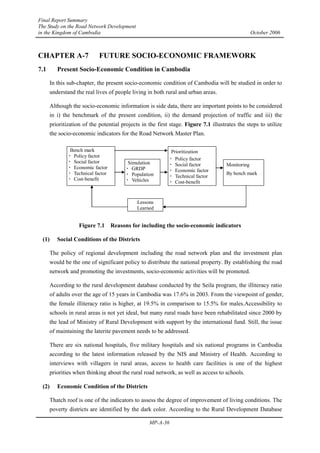 Final Report Summary
The Study on the Road Network Development
in the Kingdom of Cambodia October 2006
MP-A-36
CHAPTER A-7 FUTURE SOCIO-ECONOMIC FRAMEWORK
7.1 Present Socio-Economic Condition in Cambodia
In this sub-chapter, the present socio-economic condition of Cambodia will be studied in order to
understand the real lives of people living in both rural and urban areas.
Although the socio-economic information is side data, there are important points to be considered
in i) the benchmark of the present condition, ii) the demand projection of traffic and iii) the
prioritization of the potential projects in the first stage. Figure 7.1 illustrates the steps to utilize
the socio-economic indicators for the Road Network Master Plan.
Bench mark
・ Policy factor
・ Social factor
・ Economic factor
・ Technical factor
・ Cost-benefit
Simulation
・ GRDP
・ Population
・ Vehicles
Prioritization
・ Policy factor
・ Social factor
・ Economic factor
・ Technical factor
・ Cost-benefit
Monitoring
By bench mark
Lessons
Learned
Figure 7.1 Reasons for including the socio-economic indicators
(1) Social Conditions of the Districts
The policy of regional development including the road network plan and the investment plan
would be the one of significant policy to distribute the national property. By establishing the road
network and promoting the investments, socio-economic activities will be promoted.
According to the rural development database conducted by the Seila program, the illiteracy ratio
of adults over the age of 15 years in Cambodia was 17.6% in 2003. From the viewpoint of gender,
the female illiteracy ratio is higher, at 19.5% in comparison to 15.5% for males.Accessibility to
schools in rural areas is not yet ideal, but many rural roads have been rehabilitated since 2000 by
the lead of Ministry of Rural Development with support by the international fund. Still, the issue
of maintaining the laterite pavement needs to be addressed.
There are six national hospitals, five military hospitals and six national programs in Cambodia
according to the latest information released by the NIS and Ministry of Health. According to
interviews with villagers in rural areas, access to health care facilities is one of the highest
priorities when thinking about the rural road network, as well as access to schools.
(2) Economic Condition of the Districts
Thatch roof is one of the indicators to assess the degree of improvement of living conditions. The
poverty districts are identified by the dark color. According to the Rural Development Database
 
