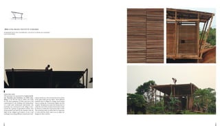 1918
. 2016 LIVING MODULE PROTOTYPE WORKSHOP
WORKSHOP WITH INSA STRASBOURG, COULEUR DU BENIN and TOURISME
SANS FRONTIERES
POSSOTOME, BENIN
This prototype was sponsored by Couleur du Be-
nin, Tourisme sans Frontières and INSA stras-
bourg. It was the last step of whole year study
for the futur graduates of INSA and was a real
confrontation to the building and closing phase
of a small scale architectural intervention. The
prototype was constructed in the village of Pos-
sotome for a groupe of agriculture workers. This
living module was built by the students with the
helps of the villagers and workers. It was a real
exchange concerning different construction tech-
niques and the use of local material such as ebony
wood, palm stalks and wax fabric. These different
material had us obliged to change some design
aspects making the construction lighter and less
complex. The goal was to show the workers how to
make the truss of the wooden framework in order
for them to continu the construction after we left.
This workshop made us realise that it is important
to work with the client/ users so as to adapt our
designs for their comfort.
 