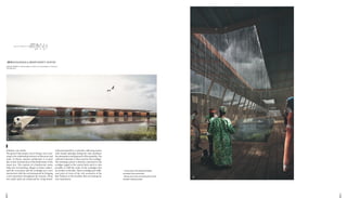 2322
_ 1.View point of the ﬂoating ecolodges
connected to the central deck
_ 2.View point of the connecting deck and the
rainwater collecting system
1
2
. 2015 ECOLODGES & BIODIVERSITY CENTER
GROUP PROJECT with the help of BUSCOT R/ TROUSSIER M / VEDLIN C/
WATERKEYN J
NOKOUE LAKE, BENIN
The goal of this project was to bring a new mea-
ning to the relationship between architecture and
water. In Benin, riparian architecture is in peril
due to lack of protection of the biodiversity of the
major lacs. The creation of a biodiversity center
helps the surrounding villages to better unders-
tand the ecosystem and the ecolodges are a new
interraction with the environnement by bringing
a new experience throughout the seasons. Those
two major poles are connected by a long board-
walk punctuated by a rainwater collecting system
with zenital openings letting the rain transform
the atmosphere and approach of the spatiality. The
collected rainwater is then used for the ecoldges.
The retaining system is directly connected to the
ecoldges rigged at the central deck and it is also
possible to refill the tanks of the ecolodges that
are further in the lake. These ecolodges give diffe-
rent point of views of the rich ecosystem of the
lake Nokoue to the travellers that are looking for
new experiences.
 