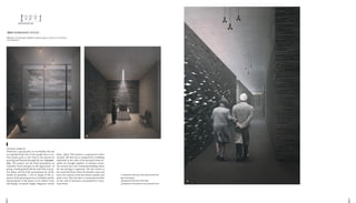 3534
_ 1.Viewpoint of the room of the wake and the lans-
cape surrounding it
_ 2.Viewpoint of the room of the wake
_ 3.Viewpoint of the hallway to the ceremonial room
1 2
3
. 2015 PROMESSION CENTER
PROJECT of Charlotte GRESET with the help of BUSCOT R/ FINDJI H
/ DE JONGHE G
COLOGNE, GERMANY
Death has a special place in everybodies life and
we apprehend the lose of the people dear to us.
This project gives a new look at the process of
grieving and funurals through the use of promes-
sion. This project was the final presentation of
Charlotte Greset and gave us the opportunity of
giving a lending hand with the end of the concep-
tion phase and all of the presentation for all the
month of september. I was in charge of the se-
quence of the grieving process, its finality and the
representation of the project in its whole; Cyma
and display, viewpoint images, diagrams, section
plans, plans. This projects is sequenced in three
sections. The first one is composed by a building
dedicaded to the wake of the deceased where fa-
milies are brought together in intimate rooms.
The second one is the ceremonial building where
the last parting is organised. The last section is
the memorial forest where the families come and
burry the remains of the late family member and
plant a tree. They also have a commemorate plate
on the wall of memories surrounded by a luxu-
rious forest.
 