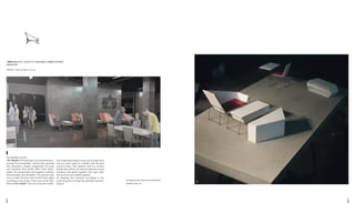 4342
2
_ 1.Viewpoint of the interior of the SHADOCKS
_ 2.Detail model 1:20
1
. 2014 NEED IT ADAPT IT SHADOK COMPETITION,
2nd PLACE
PROJECT with the help of Duval C
STRASBOURG, FRANCE
The Shadok of Strasbourg is an institution pro-
moting "l'art numérique" and for their opening
they launched a design competition for some
new furniture that would reflect their philo-
sophy. Our proposition tied together mobility,
fonctionnality and flexibility. The general idea
was to make furniture that would easily adapt
according to the needs of the users of the Sha-
dok and the Fablab. These furniture have diffe-
rent usage depending on how you arrange them
and are easily made in a Fablab with minimal
material waste. The material used are wooden
boards that will be cut with the patterns of each
furniture and glued together and steel rebar
that are bent and welded together.
By adapting the furniture according to the
needs the goal is to adapt the spatiality surroun-
ding us.
 