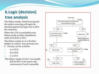 6.Logic (decision)
tree analysis
The failure modes which have passed
the earlier screening will again be
checked against the logic tree to allot
the resources.
When the LTA is concluded every
failure mode is either classified as
A,B,C,D/A,D/B, or D/C.
The failure modes in A or B either
hidden or evident have priority over
C. Priority can be as below.
1. A or D/A
2. B or D/B
3. C or D/C
The failure modes in bin C are usually
left for RTF or for status only
instruments if such is possible.
 