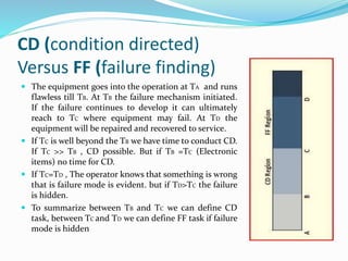 CD (condition directed)
Versus FF (failure finding)
 The equipment goes into the operation at TA and runs
flawless till TB. At TB the failure mechanism initiated.
If the failure continues to develop it can ultimately
reach to TC where equipment may fail. At TD the
equipment will be repaired and recovered to service.
 If TC is well beyond the TB we have time to conduct CD.
If TC >> TB , CD possible. But if TB =TC (Electronic
items) no time for CD.
 If TC=TD , The operator knows that something is wrong
that is failure mode is evident. but if TD>TC the failure
is hidden.
 To summarize between TB and TC we can define CD
task, between TC and TD we can define FF task if failure
mode is hidden
 