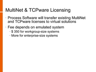 MultiNet & TCPware Licensing
•   Process Software will transfer existing MultiNet
    and TCPware licenses to virtual solutions
•   Fee depends on emulated system
    − $ 350 for workgroup-size systems
    − More for enterprise-size systems
 