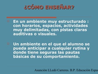 ¿CÓMO ENSEÑAR?


En un ambiente muy estructurado :
con horarios, espacios, actividades
muy delimitadas, con pistas claras
auditivas o visuales.



Un ambiente en el que el alumno se
pueda anticipar a cualquier rutina y
donde tiene seguras las pautas
básicas de su comportamiento.

Asunción LLedó Carreres. B.P. Educación Espec

 