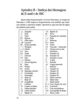 74
Apêndice B – Smileys das Mensagens
de E-mail e de IRC
Quem utiliza frequentemente o Correio Electrónico, os Grupos de
Discussão e o IRC depara-se frequentemente com símbolos que tradu-
zem atitudes e expressões simples. Apresenta-se aqui uma lista de alguns
dos símbolos mais usados.
:-|| Zangado
:-) Feliz
:-( Triste
B-) Batman
?-) Olho negro
:-)X Laçarote
R-) Óculos partidos
:^) Pinóquio
<|-) Chinês
3:-) Vaca
X-) Vesgo
:'-) Choroso
{:V Pato
<:-) Palhaço
:'''-( Mar de lágrimas
8) Sapo
8-) Óculos
8:) Gorila
:-)3 Rapariga contente
:-') Constipado
:-| Hmmmph!
:-# Beijo (1)
:-* Beijo (2)
:-D Gargalhada
(-: Canhoto
:-9 Lamber os lábios
:-} Lábios pintados
:-X Lábios selados
:-{ Bigode (1)
:-#) Bigode (2)
:8) Porco
:-? Fumador de cachimbo
=:-) Punk
|-] Robocop
O:-) Santo
:-@ Gritar
:-O Chocado / Admirado
:-V Chamar em voz alta
|-) Sonolento
:-i Fumador (1)
:-Q Fumador (2)
:-j Fumador a sorrir
:-v A falar
*-) Pedrado
:-& Língua amarrada
:-/ Indeciso
:-[ Vampiro (1)
:-|< Vampiro (2)
:-< Vampiro (3)
:-)= Vampiro (4)
:-)) Muito contente
:-(( Muito triste
:-c Muito infeliz
C|:-) Com chapéu de côco
d:-) Com boné
[:-) Com auscultadores
:-(#) Com aparelho de dentes
;-) Piscar o olho
 