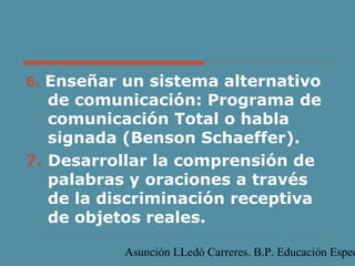 Asunción LLedó Carreres. B.P. Educación Espec
6. Enseñar un sistema alternativo
de comunicación: Programa de
comunicación Total o habla
signada (Benson Schaeffer).
7. Desarrollar la comprensión de
palabras y oraciones a través
de la discriminación receptiva
de objetos reales.
 