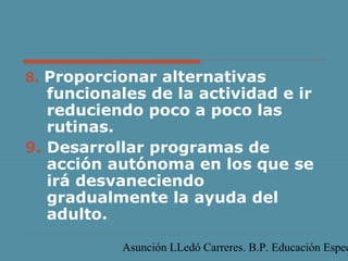 Asunción LLedó Carreres. B.P. Educación Espec
8. Proporcionar alternativas
funcionales de la actividad e ir
reduciendo poco a poco las
rutinas.
9. Desarrollar programas de
acción autónoma en los que se
irá desvaneciendo
gradualmente la ayuda del
adulto.
 