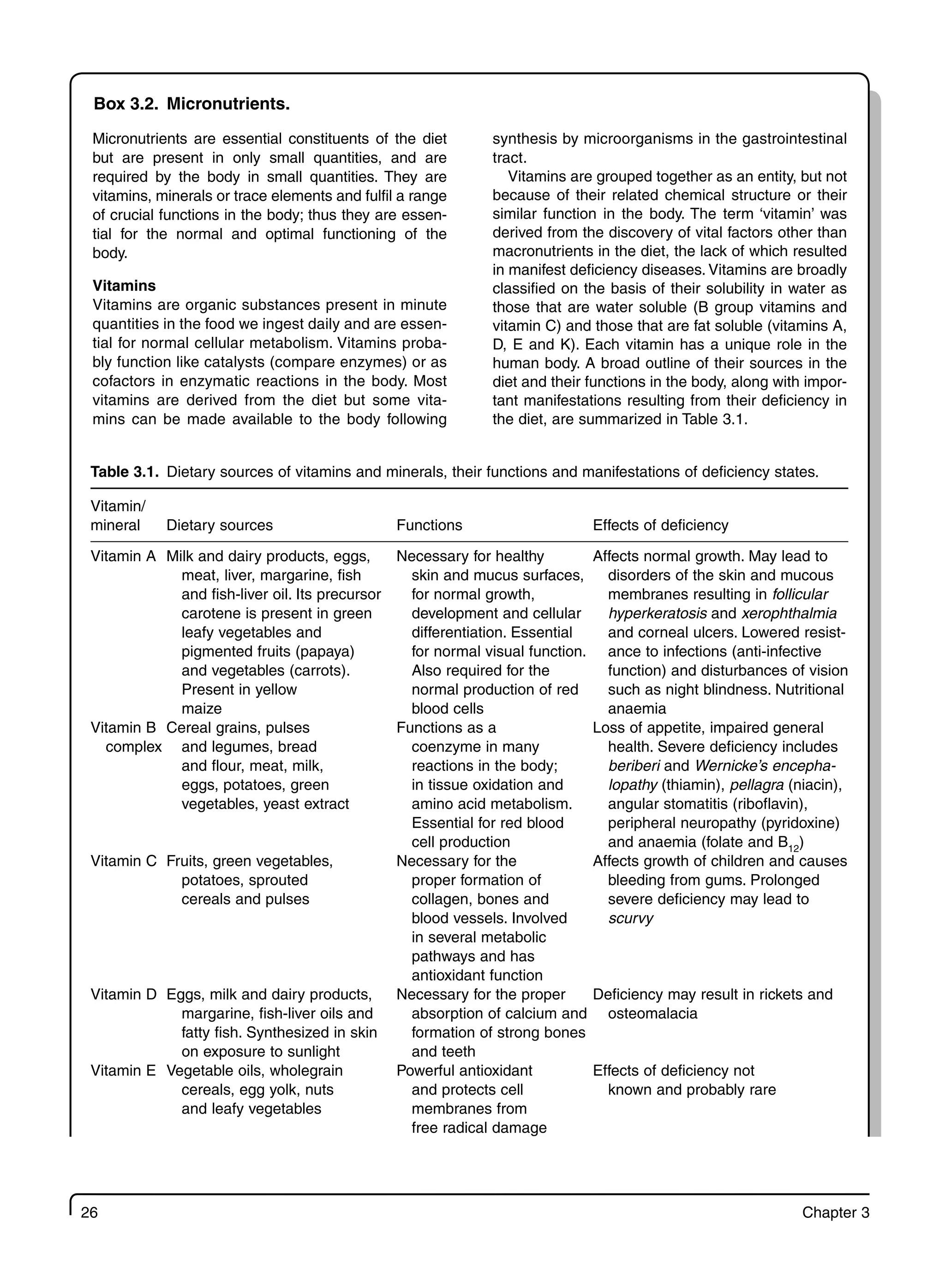 26 Chapter 3
Box 3.2. Micronutrients.
Micronutrients are essential constituents of the diet
but are present in only small quantities, and are
required by the body in small quantities. They are
vitamins, minerals or trace elements and fulfil a range
of crucial functions in the body; thus they are essen-
tial for the normal and optimal functioning of the
body.
Vitamins
Vitamins are organic substances present in minute
quantities in the food we ingest daily and are essen-
tial for normal cellular metabolism. Vitamins proba-
bly function like catalysts (compare enzymes) or as
cofactors in enzymatic reactions in the body. Most
vitamins are derived from the diet but some vita-
mins can be made available to the body following
synthesis by microorganisms in the gastrointestinal
tract.
Vitamins are grouped together as an entity, but not
because of their related chemical structure or their
similar function in the body. The term ‘vitamin’ was
derived from the discovery of vital factors other than
macronutrients in the diet, the lack of which resulted
in manifest deficiency diseases. Vitamins are broadly
classified on the basis of their solubility in water as
those that are water soluble (B group vitamins and
vitamin C) and those that are fat soluble (vitamins A,
D, E and K). Each vitamin has a unique role in the
human body. A broad outline of their sources in the
diet and their functions in the body, along with impor-
tant manifestations resulting from their deficiency in
the diet, are summarized in Table 3.1.
Table 3.1. Dietary sources of vitamins and minerals, their functions and manifestations of deficiency states.
Vitamin/
mineral Dietary sources Functions Effects of deficiency
Vitamin A Milk and dairy products, eggs,
meat, liver, margarine, fish
and fish-liver oil. Its precursor
carotene is present in green
leafy vegetables and
pigmented fruits (papaya)
and vegetables (carrots).
Present in yellow
maize
Necessary for healthy
skin and mucus surfaces,
for normal growth,
development and cellular
differentiation. Essential
for normal visual function.
Also required for the
normal production of red
blood cells
Affects normal growth. May lead to
disorders of the skin and mucous
membranes resulting in follicular
hyperkeratosis and xerophthalmia
and corneal ulcers. Lowered resist-
ance to infections (anti-infective
function) and disturbances of vision
such as night blindness. Nutritional
anaemia
Vitamin B
complex
Cereal grains, pulses
and legumes, bread
and flour, meat, milk,
eggs, potatoes, green
vegetables, yeast extract
Functions as a
coenzyme in many
reactions in the body;
in tissue oxidation and
amino acid metabolism.
Essential for red blood
cell production
Loss of appetite, impaired general
health. Severe deficiency includes
beriberi and Wernicke’s encepha-
lopathy (thiamin), pellagra (niacin),
angular stomatitis (riboflavin),
peripheral neuropathy (pyridoxine)
and anaemia (folate and B12
)
Vitamin C Fruits, green vegetables,
potatoes, sprouted
cereals and pulses
Necessary for the
proper formation of
collagen, bones and
blood vessels. Involved
in several metabolic
pathways and has
antioxidant function
Affects growth of children and causes
bleeding from gums. Prolonged
severe deficiency may lead to
scurvy
Vitamin D Eggs, milk and dairy products,
margarine, fish-liver oils and
fatty fish. Synthesized in skin
on exposure to sunlight
Necessary for the proper
absorption of calcium and
formation of strong bones
and teeth
Deficiency may result in rickets and
osteomalacia
Vitamin E Vegetable oils, wholegrain
cereals, egg yolk, nuts
and leafy vegetables
Powerful antioxidant
and protects cell
membranes from
free radical damage
Effects of deficiency not
known and probably rare
 