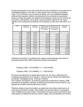 de esta aseveración es que gran parte del error del pronóstico es provocado por la
variabilidad aleatoria, por lo que un valor pequeño de α permite un pronóstico
mejor. Por el contrario, para una serie de tiempo con una variabilidad aleatoria
relativamente pequeña, valores más elevados de la constante de suavización
tienen la ventaja de ajustar con rapidez los pronósticos cuando ocurren errores de
pronóstico y permitiendo, por lo tanto, que el pronóstico reaccione con mayor
rapidez a las condiciones cambiantes. En la práctica, el valor de α está entre .01 y
.90.
Utilizando la ecuación 2, sustituimos los valores correpondientes para hacer el
pronóstico para el año 1992. Sutituyendo valores nos quedaría:
Fingresos 1992 = 0.8 (201986) + (1 – 0.8)(163305)
Fegresos 1992 = 0.8 (189498) + (1 – 0.8)(162370)
El mismo procedimiento se realiza para el resto de los años y obtenemos los
resultados que aparecen en el cuadro 2. Una vez que se calculan los Diplomado
en Gestión Estratégica de las Finanzas Públicas
D.R. Instituto Tecnológico y de Estudios Superiores de Monterrey, México, 2006
pronósticos de ingresos y egresos, la diferencia entre éstos nos da el ahorro, que
aparece en la última columna del mismo cuadro.
Podemos observar que el pronóstico se ajusta más a los datos reales que en el
caso de los promedios móviles. Este método nos permite realizar un pronóstico
más confiable que el caso anterior. Claramente se observa que el pronóstico tiene
mejor ajuste y la diferencia entre los valores reales y los pronosticados es mínima.
 