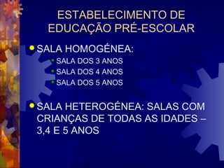 ESTABELECIMENTO DE 
EDUCAÇÃO PRÉ-ESCOLAR 
SALA HOMOGÉNEA: 
 SALA DOS 3 ANOS 
 SALA DOS 4 ANOS 
 SALA DOS 5 ANOS 
SALA HETEROGÉNEA: SALAS COM 
CRIANÇAS DE TODAS AS IDADES – 
3,4 E 5 ANOS 
 