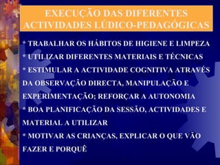 EXECUÇÃO DAS DIFERENTES 
ACTIVIDADES LÚDICO-PEDAGÓGICAS 
* TRABALHAR OS HÁBITOS DE HIGIENE E LIMPEZA 
* UTILIZAR DIFERENTES MATERIAIS E TÉCNICAS 
* ESTIMULAR A ACTIVIDADE COGNITIVA ATRAVÉS 
DA OBSERVAÇÃO DIRECTA, MANIPULAÇÃO E 
EXPERIMENTAÇÃO; REFORÇAR A AUTONOMIA 
* BOA PLANIFICAÇÃO DA SESSÃO, ACTIVIDADES E 
MATERIAL A UTILIZAR 
* MOTIVAR AS CRIANÇAS, EXPLICAR O QUE VÃO 
FAZER E PORQUÊ 
 