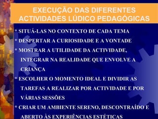 EXECUÇÃO DAS DIFERENTES 
ACTIVIDADES LÚDICO PEDAGÓGICAS 
* SITUÁ-LAS NO CONTEXTO DE CADA TEMA 
* DESPERTAR A CURIOSIDADE E A VONTADE 
* MOSTRAR A UTILIDADE DA ACTIVIDADE, 
INTEGRAR NA REALIDADE QUE ENVOLVE A 
CRIANÇA 
* ESCOLHER O MOMENTO IDEAL E DIVIDIR AS 
TAREFAS A REALIZAR POR ACTIVIDADE E POR 
VÁRIAS SESSÕES 
* CRIAR UM AMBIENTE SERENO, DESCONTRAÍDO E 
ABERTO ÀS EXPERIÊNCIAS ESTÉTICAS 
 