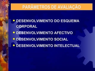 PARÂMETROS DE AVALIAÇÃO 
 DESENVOLVIMENTO DO ESQUEMA 
CORPORAL 
 DESENVOLVIMENTO AFECTIVO 
 DESENVOLVIMENTO SOCIAL 
 DESENVOLVIMENTO INTELECTUAL 
 
