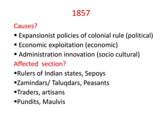 1857
Causes?
 Expansionist policies of colonial rule (political)
 Economic exploitation (economic)
 Administration innovation (socio cultural)
Affected section?
Rulers of Indian states, Sepoys
Zamindars/ Taluqdars, Peasants
Traders, artisans
Pundits, Maulvis
 