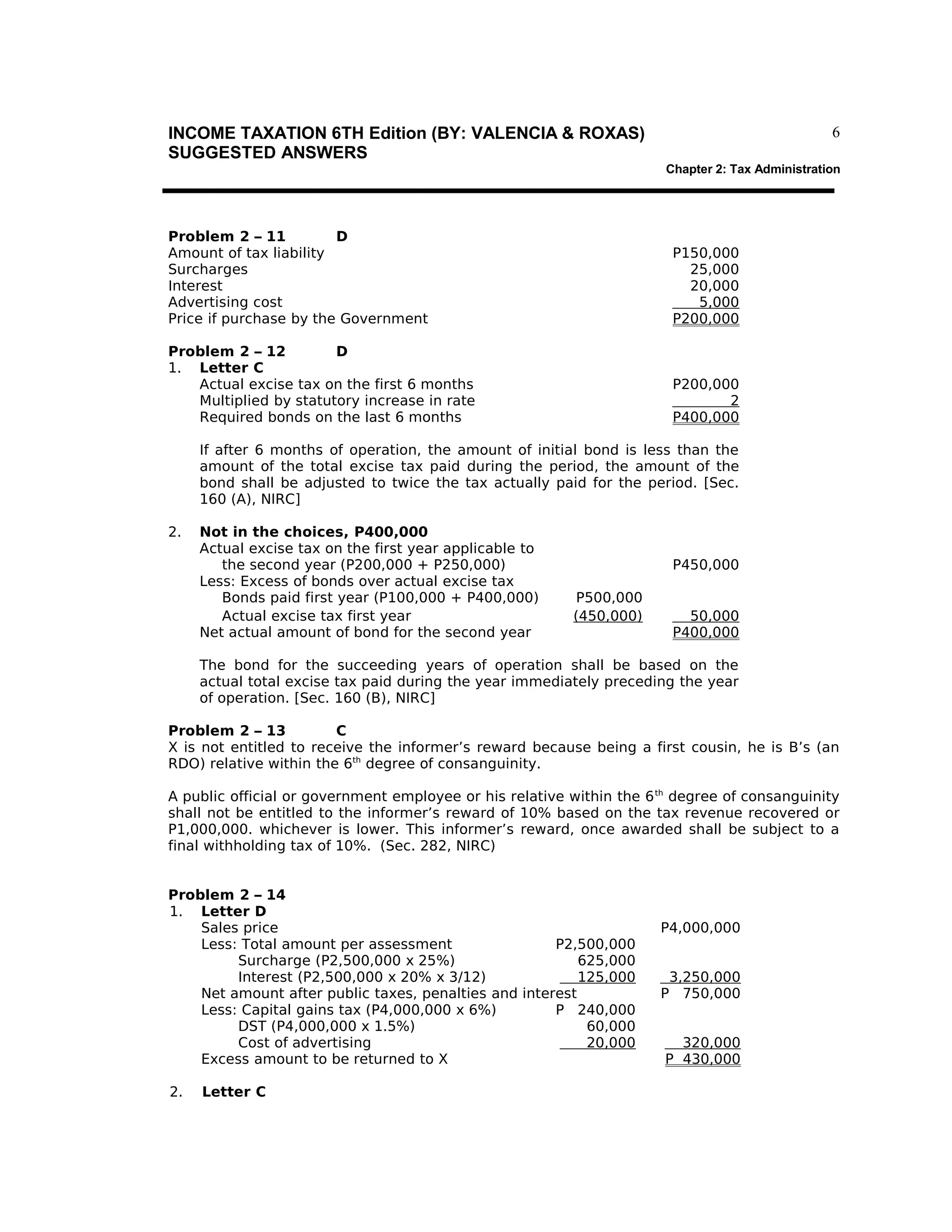 6

INCOME TAXATION 6TH Edition (BY: VALENCIA & ROXAS)
SUGGESTED ANSWERS

Chapter 2: Tax Administration

Problem 2 – 11
D
Amount of tax liability
Surcharges
Interest
Advertising cost
Price if purchase by the Government

P150,000
25,000
20,000
5,000
P200,000

Problem 2 – 12
D
1. Letter C
Actual excise tax on the first 6 months
Multiplied by statutory increase in rate
Required bonds on the last 6 months

P200,000
2
P400,000

If after 6 months of operation, the amount of initial bond is less than the
amount of the total excise tax paid during the period, the amount of the
bond shall be adjusted to twice the tax actually paid for the period. [Sec.
160 (A), NIRC]
2.

Not in the choices, P400,000
Actual excise tax on the first year applicable to
the second year (P200,000 + P250,000)
Less: Excess of bonds over actual excise tax
Bonds paid first year (P100,000 + P400,000)
Actual excise tax first year
Net actual amount of bond for the second year

P450,000
P500,000
(450,000)

50,000
P400,000

The bond for the succeeding years of operation shall be based on the
actual total excise tax paid during the year immediately preceding the year
of operation. [Sec. 160 (B), NIRC]
Problem 2 – 13
C
X is not entitled to receive the informer’s reward because being a first cousin, he is B’s (an
RDO) relative within the 6th degree of consanguinity.
A public official or government employee or his relative within the 6 th degree of consanguinity
shall not be entitled to the informer’s reward of 10% based on the tax revenue recovered or
P1,000,000. whichever is lower. This informer’s reward, once awarded shall be subject to a
final withholding tax of 10%. (Sec. 282, NIRC)
Problem 2 – 14
1. Letter D
Sales price
Less: Total amount per assessment
P2,500,000
Surcharge (P2,500,000 x 25%)
625,000
Interest (P2,500,000 x 20% x 3/12)
125,000
Net amount after public taxes, penalties and interest
Less: Capital gains tax (P4,000,000 x 6%)
P 240,000
DST (P4,000,000 x 1.5%)
60,000
Cost of advertising
20,000
Excess amount to be returned to X
2.

Letter C

P4,000,000
3,250,000
P 750,000
320,000
P 430,000

 