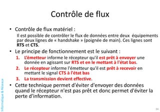 Informatique
&
Réseaux
Contrôle de flux
• Contrôle de flux matériel :
Il est possible de contrôler le flux de données entre deux équipements
par deux lignes de « handshake » (poignée de main). Ces lignes sont
RTS et CTS.
• Le principe de fonctionnement est le suivant :
1. L’émetteur informe le récepteur qu'il est prêt à envoyer une
donnée en agissant sur RTS et en le mettant à l'état bas.
2. Le récepteur informe l'émetteur qu'il est prêt à recevoir en
mettant le signal CTS à l'état bas
3. La transmission devient effective.
• Cette technique permet d'éviter d'envoyer des données
quand le récepteur n'est pas prêt et donc permet d'éviter la
perte d'information.
34
 