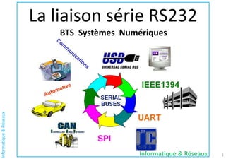 Informatique
&
Réseaux
La liaison série RS232
BTS Systèmes Numériques
1
Informatique & Réseaux
 