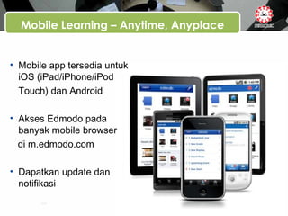 Mobile Learning – Anytime, Anyplace
• Mobile app tersedia untuk
iOS (iPad/iPhone/iPod
Touch) dan Android
• Akses Edmodo pada
banyak mobile browser
di m.edmodo.com
• Dapatkan update dan
notifikasi
 