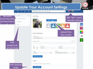 Update Your Account Settings
Sesuaikan
email atau teks
pemberitahua
n
Pilih
pengaturan
privasi Anda
Pilih Sekolah
Anda
Klik “Me” untuk
memilih setting
Upload foto
atau avatar
 