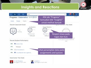 Insights and Reactions
Lihat penampilan data pada
assignments and quizzes
Respon siswa pada
tugas dan kuis
Klik tab “Progress”
kemudian klik “Insights”
untuk melihat banyak
reaksi
 