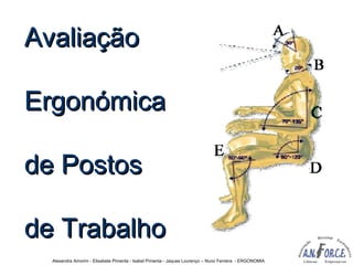 Alexandra Amorim - Elisabete Pimenta - Isabel Pimenta - Jaques Lourenço – Nuno Ferreira - ERGONOMIA
AvaliaçãoAvaliação
ErgonómicaErgonómica
de Postosde Postos
de Trabalhode Trabalho
 