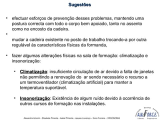 Alexandra Amorim - Elisabete Pimenta - Isabel Pimenta - Jaques Lourenço – Nuno Ferreira - ERGONOMIA
• efectuar esforços de prevenção desses problemas, mantendo uma
postura correcta com todo o corpo bem apoiado, tanto no assento
como no encosto da cadeira.
•
mudar a cadeira existente no posto de trabalho trocando-a por outra
regulável às características físicas da formanda,
• fazer algumas alterações físicas na sala de formação: climatização e
insonorização:
• ClimatizaçãoClimatização: insuficiente circulação de ar devido a falta de janelas
não permitindo a renovação do ar sendo necessário o recurso a
um termoventilador (climatização artificial) para manter a
temperatura suportável.
• InsonorizaçãoInsonorização: Existência de algum ruído devido à ocorrência de
outros cursos de formação nas instalações.
SugestõesSugestões
 