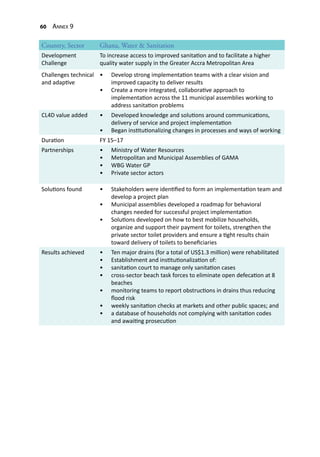 60 Annex 9
Country, Sector Ghana, Water & Sanitation
Development
Challenge
To increase access to improved sanitation and to facilitate a higher
quality water supply in the Greater Accra Metropolitan Area
Challenges technical
and adaptive
•	 Develop strong implementation teams with a clear vision and
improved capacity to deliver results
•	 Create a more integrated, collaborative approach to
implementation across the 11 municipal assemblies working to
address sanitation problems
CL4D value added •	 Developed knowledge and solutions around communications,
delivery of service and project implementation
•	 Began institutionalizing changes in processes and ways of working
Duration FY 15–17
Partnerships •	 Ministry of Water Resources
•	 Metropolitan and Municipal Assemblies of GAMA
•	 WBG Water GP
•	 Private sector actors
Solutions found •	 Stakeholders were identified to form an implementation team and
develop a project plan
•	 Municipal assemblies developed a roadmap for behavioral
changes needed for successful project implementation 
•	 Solutions developed on how to best mobilize households,
organize and support their payment for toilets, strengthen the
private sector toilet providers and ensure a tight results chain
toward delivery of toilets to beneficiaries
Results achieved •	 Ten major drains (for a total of US$1.3 million) were rehabilitated
•	 Establishment and institutionalization of:
•	 sanitation court to manage only sanitation cases
•	 cross-sector beach task forces to eliminate open defecation at 8
beaches
•	 monitoring teams to report obstructions in drains thus reducing
flood risk
•	 weekly sanitation checks at markets and other public spaces; and
•	 a database of households not complying with sanitation codes
and awaiting prosecution
 