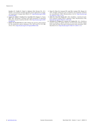 Sirotkin AV, Vyahhi N, Tesler G, Alekseyev MA, Pevzner PA. 2012.
SPAdes: a new genome assembly algorithm and its applications to single-
cell sequencing. J Comput Biol 19:455–477. http://dx.doi.org/10.1089/
cmb.2012.0021.
6. Lagesen K, Hallin P, Rødland EA, Staerfeldt H-H, Rognes T, Ussery
DW. 2007. RNAmmer: consistent and rapid annotation of ribosomal
RNA genes. Nucleic Acids Res 35:3100–3108. http://dx.doi.org/10.1093/
nar/gkm160.
7. Richter M, Rosselló-Móra R. 2009. Shifting the genomic gold standard
for the prokaryotic species deﬁnition. Proc Natl Acad Sci USA 106:
19126–19131. http://dx.doi.org/10.1073/pnas.0906412106.
8. Hyatt D, Chen GL, Locascio PF, Land ML, Larimer FW, Hauser LJ.
2010. Prodigal: prokaryotic gene recognition and translation initiation
site identiﬁcation. BMC Bioinformatics 11:119. http://dx.doi.org/
10.1186/1471-2105-11-119.
9. Jolley KA, Chan MS, Maiden MC. 2004. mlstdbNet—distributed multi-
locus sequence typing (MLST) databases. BMC Bioinformatics 5:86.
http://dx.doi.org/10.1186/1471-2105-5-86.
10. Hotchkiss EJ, Hodgson JC, Lainson FA, Zadoks RN. 2011. Multilocus
sequence typing of a global collection of Pasteurella multocida isolates
from cattle and other host species demonstrates niche association. BMC
Microbiol 11:115. http://dx.doi.org/10.1186/1471-2180-11-115.
Kavousi et al.
Genome Announcements2 genomea.asm.org March/April 2016 Volume 4 Issue 2 e00023-16
 