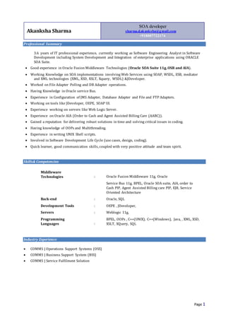 Page 1
Professional Summary
3.6 years of IT professional experience, currently working as Software Engineering Analyst in Software
Development including System Development and Integration of enterprise applications using ORACLE
SOA Suite.
 Good experience in Oracle Fusion Middleware Technologies (Oracle SOA Suite 11g, OSB and AIA).
 Working Knowledge on SOA implementations involving Web Services using SOAP, WSDL, ESB, mediator
and XML technologies (XML, XSD, XSLT, Xquery, WSDL) &JDeveloper.
 Worked on File Adapter Polling and DB Adapter operations.
 Having Knowledge in Oracle service Bus.
 Experience in Configuration of JMS Adapter, Database Adapter and File and FTP Adapters.
 Working on tools like JDeveloper, OEPE, SOAP UI.
 Experience working on servers like Web Logic Server.
 Experience on Oracle AIA (Order to Cash and Agent Assisted Billing Care (AABC)).
 Gained a reputation for delivering robust solutions in time and solving critical issues in coding.
 Having knowledge of OOPs and Multithreading.
 Experience in writing UNIX Shell scripts.
 Involved in Software Development Life Cycle (use cases, design, coding).
 Quick learner, good communication skills, coupled with very positive attitude and team spirit.
Skills& Competencies
Middleware
Technologies : Oracle Fusion Middleware 11g, Oracle
Service Bus 11g, BPEL, Oracle SOA suite, AIA, order to
Cash PIP, Agent Assisted Billing care PIP, EJB, Service
Oriented Architecture
Back-end : Oracle, SQL
Development Tools : OEPE , JDeveloper,
Servers : Weblogic 11g,
Programming
Languages :
BPEL, OOPs , C++(UNIX), C++(Windows), Java, , XML, XSD,
XSLT, XQuery, SQL
Industry Experience
 COMMS | Operations Support Systems (OSS)
 COMMS | Business Support System (BSS)
 COMMS | Service Fulfilment Solution
Akanksha Sharma
SOA developer
sharma.d.akanksha@gmail.com
+918007722174
 