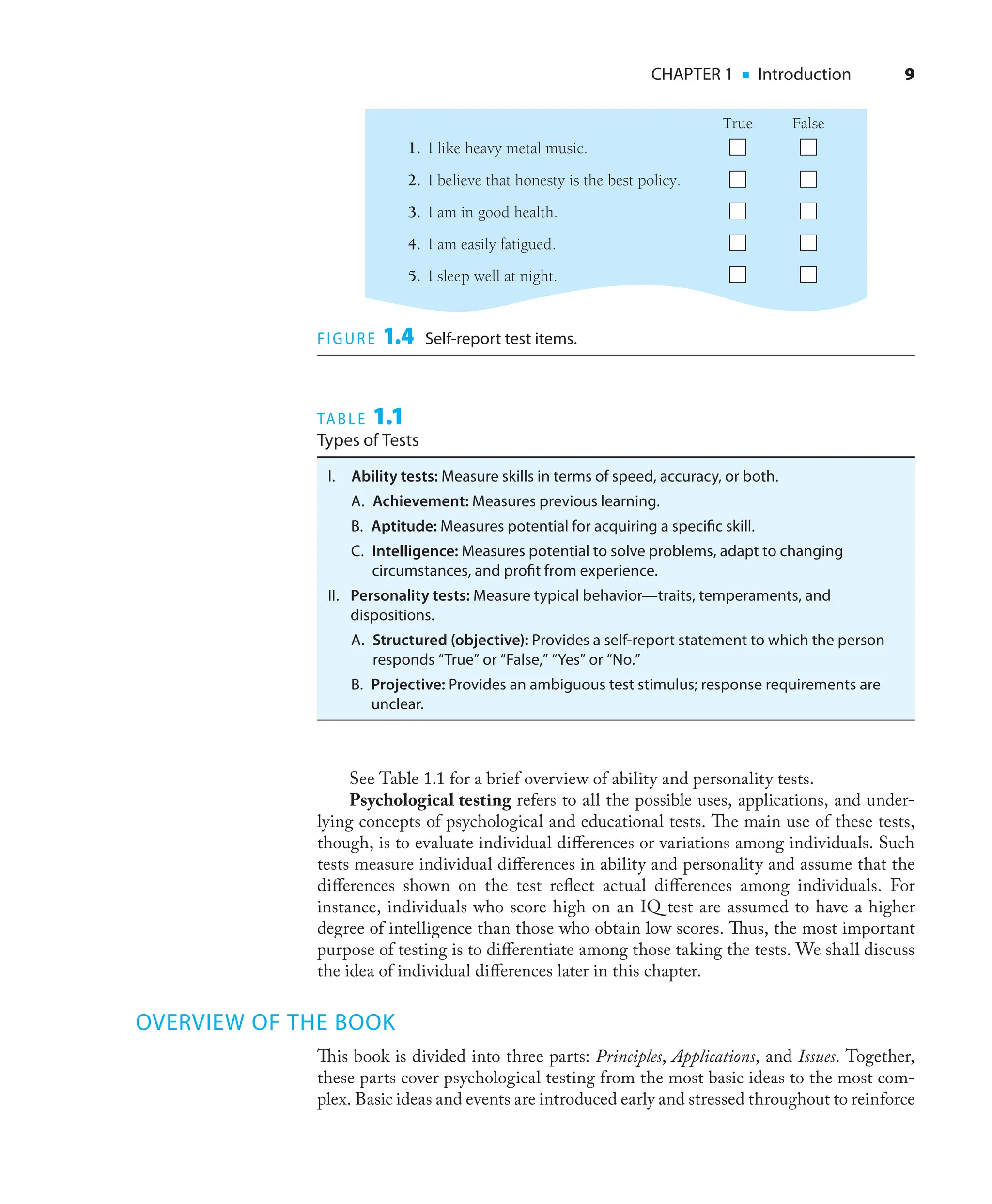 CHAPTER 1 ■ Introduction 9
See Table 1.1 for a brief overview of ability and personality tests.
Psychological testing refers to all the possible uses, applications, and under-
lying concepts of psychological and educational tests. The main use of these tests,
though, is to evaluate individual diﬀerences or variations among individuals. Such
tests measure individual diﬀerences in ability and personality and assume that the
diﬀerences shown on the test reﬂect actual diﬀerences among individuals. For
instance, individuals who score high on an IQ test are assumed to have a higher
degree of intelligence than those who obtain low scores. Thus, the most important
purpose of testing is to diﬀerentiate among those taking the tests. We shall discuss
the idea of individual diﬀerences later in this chapter.
OVERVIEW OF THE BOOK
This book is divided into three parts: Principles, Applications, and Issues. Together,
these parts cover psychological testing from the most basic ideas to the most com-
plex. Basic ideas and events are introduced early and stressed throughout to reinforce
1. I like heavy metal music.
2. I believe that honesty is the best policy.
True False
3. I am in good health.
4. I am easily fatigued.
5. I sleep well at night.
FIGURE 1.4 Self-report test items.
TABLE 1.1
Types of Tests
I. Ability tests: Measure skills in terms of speed, accuracy, or both.
A. Achievement: Measures previous learning.
B. Aptitude: Measures potential for acquiring a speciﬁc skill.
C. Intelligence: Measures potential to solve problems, adapt to changing
circumstances, and proﬁt from experience.
II. Personality tests: Measure typical behavior—traits, temperaments, and
dispositions.
A. Structured (objective): Provides a self-report statement to which the person
responds “True” or “False,” “Yes” or “No.”
B. Projective: Provides an ambiguous test stimulus; response requirements are
unclear.
 