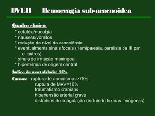 Quadro clínico:
* cefaléia/nucalgia
* náuseas/vômitos
* redução do nível da consciência
* eventualmente sinais focais (Hemiparesia, paralisia de III par
e outros)
* sinais de irritação meningea
* hipertermia de origem central
Índice de mortalidade: 25%
Causas: ruptura de aneurisma=>75%
ruptura de MAV=10%
traumatismo craniano
hipertensão arterial grave
distúrbios de coagulação (incluindo toxinas exógenas)
DVEHDVEH Hemorragia sub-aracnoideaHemorragia sub-aracnoidea
 