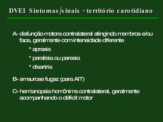 A- disfunção motora contralateral atingindo membros e/ou face, geralmente com intensidade diferente  * apraxia * paralisia ou paresia * disartria B- amaurose fugaz (para AIT) C- hemianopsia homônima contralateral, geralmente  acompanhando o déficit motor DVEI   Sintomas/sinais - território carotidiano 