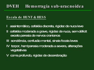 Escala de HUNT & HESS I  assintomático, cefaléia discreta, rigidez de nuca leve II  cefaléia moderada a grave, rigidez de nuca, sem déficit exceto paresia de nervos cranianos III  sonolência, confusão mental, sinais focais leves IV  torpor, hemiparesia moderada a severa, alterações vegetativas V  coma profundo, rigidez de decerebração DVEH Hemorragia sub-aracnoidea 