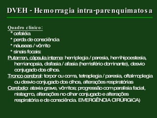DVEH - Hemorragia intra-parenquimatosa Quadro clínico: *  cefaléia * perda de consciência * náuseas / vômito * sinais focais:  Putamen, cápsula interna : hemiplegia / paresia, hemihipoestesia, hemianopsia, disfasia / afasia (hemisfério dominante), desvio conjugado dos olhos. Tronco cerebral : torpor ou coma, tetraplegia / paresia, oftalmoplegia ou desvio conjugado dos olhos, alterações respiratórias Cerebelo : ataxia grave, vômitos; progressão com paralisia facial, nistagmo, alterações no olhar conjugado e alterações respiratória e de consciência. EMERGÊNCIA CIRÚRGICA)   