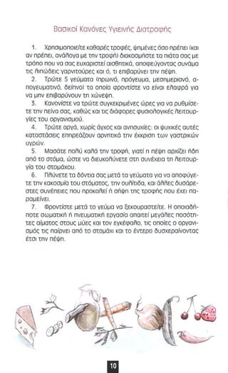 Βασlκα ί ΚανόνΕς γγ l Εlν π ς Διατροφπς 
1. Χρnσιμοποιείτε κσθαρές τροφέ" ψπμένες όσο πρέπει (KOI 
αν πρέπει, ανάλογα με τπν τροφn) διακοσμnστε τα πιάτα σας με 
τρό π α π ου να σας ε υχαρ ι στεί α ισθnτικό , αποφε ύγοντας συνάμα 
τις λιπώδεις γαρνιτούρες και ό, τι επ ι βαρύνει τπν πέψπ . 
2. Τρώτε 5 γεύματα ( π ρω ι νό, π ρόγευμα, μεσnμεριανό, α­πογευματινό, 
δείπνο) τα οποία φροντίστε να είναι ελαφρά για 
να μπν ε πι βαρύνουν τπ χώνεΨ π. 
3. Κανονίστε να τρώτε συγκεκριμένες ώρες για να ρυθμίσε- 
τε τπν π είνα σας, καθώς κα ι τις διάφορες φυσ ι ολογ ι κές λειτσυρ­γίες 
ταυ σργανισμ ού. 
4. Τρώτε αργά, χωρίς άγχος και ανπσυχίες: σι ψυχικές αυτές 
καταστάσεις εππρεάζουν αρνπτικά τπν έκκρισn τω ν γαστρικών 
υγρών . 
5. Μασάτε π ολύ καλά τπν τροφn , γιατί n πέψπ αρχίζε ι liδπ 
από τσ στόμα, ώστε να δ ιευκολύνετε στπ συνέχεια τπ λειτουρ­γία 
του στομάχου. 
6. Πλύνετε τα MVlID σας μετά τα γεύματσ για να αποφύγε­τε 
τπν κακοσμία του στόματος, τπν ουλίτιδα, κα ι άλλες δυσάρε­στες 
συνέπειες που π ροκαλεί n σnψn τπς τροφnς πσυ έχει πα­ραμείνε 
ι . 
7. Φροντίστε μ ετά το γεύμα να ξεκουραστείτε . Η onolaδli­ποτε 
σωματικn n πνευματικn εργασία απαιτεί μεγάλες ποσότπ­τες 
αίματος στους μύες κα ι τον εγκέφαλο, τις οπ οίες σ οργανι­σμός 
τις παίρνε ι από το ατσμάχ l KQ I το έντερο δυσχεραίνοντας 
έτσι τπν π έΨπ . 
ir ~Α) ' 
~~ LP ~ ......... - -- 
 
