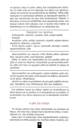 να φρούτο, όπως το μπ λο, καθώς έχει αντlαξεlδωτl κές lδιότπ ­τες 
{το γάλα ππζεl με τπν παρουαία των οξέων των φρούτων, 
γίνεται πιο εύπε πτο και εμπλαυτίζεταl με αλκάλιal. Άλλοι πάλι, 
πρατιμαύν το αυνδυααμό γάλοκτος με αακχαρώδπ φρούτα . Ε­μείς 
αας προτείνουμε KOI τους δύο αυνδυααμούς. Πιθανόν, ο 
δεύτερος να είναι π ιο κατάλλπλος τους χε ιμερινούς μπνες, που 
έχουμε ανόγκπ από ενέργεια, ενώ ο πρώτος όταν πρέ πει να 
ξεδιψάαουμε KOI να καθορίαουμε τον οργανιαμ ό μας . 
Toξiνόμπoπ των φρούτων 
• Σακχαρώδπ: μπανάνα, χαυρμά" αύκο, μαύρο κεράαl, 
αταφύλl 
• Ημιόζινα: μΠλο, οΧλάδl, φράουλα, αταφύλl, κεράαl κόκκινα, 
δαμόακπνα, βερίκακο , κορόμπλα 
• Ξινό: λεμόνι, γκρέιπ - φρουτ, πορτοκάλι, μονταρίνl, ανονάς, 
φρογκοατάφυλο, ράδl 
ΦρσυroσαiJάra roυ χειμώνα: π αλύ λεπτές φέτες πορτακα­λιού, 
τριμμένο μΠλο, χυ μά λεμονιού, μελάαα 
Βάλτε τις φέτες ταυ παρτοκαλ ιαύ αε ένα μεγάλα πιάτα και 
ρίξτε το χυμό ταυ λεμανιού. Ανακατέψτε με μία κουταλιά μελό­αα, 
ρίξτε από πάνω το τριμμένο μΠλο και αφπατε το μείγμα να 
μαυλιάοεl. 
ΦρσυrσσαiJάrα roυ καiJσκοιρισύ: μαύρα κεράαια χωρίς καυ­καύταl 
κομμένα ατπ μέαπ, μπλο κομ μένο αε κύβους, μίο μπονά­να 
αε φέτες, πλιόαπορους 
Αφπατε τα υλικά να μουλιάσουν σε μ ια μlκρπ γαβάθα ατα ψυ­γεία 
. Πρασθέστε τους πλ ιόσποραυς λίγο πριν σερβίρετε. 
Στις σαλάτες αυταύ του είδαυς πρέπει να αυνδυάζουμε το 
όξινα φρούτα με τα πμιόξινα Π τα αακχαρώδπ με το πμιόξινα. Ο 
συνδυασμός των όξινων φρούτων με τα αακχαρώδπ αντενδεί­κνυται. 
Η ΩΡΑ ΤΟΥ ΓΛΥΚΟΥ 
• Η ζάχαρπ κάπατε πταν είδος πολυτελείας και προνάμια για 
λίγους Από τότε που π ζάχορπ έγινε προαιτπ αε όλαυς, π κατα ­νάλωσπ 
τπς έχει αυξπθεί απμοντlκά 
Αρκεί μόνο να σκεφτούμε πόσα ζαχαροπλαατεία υπάρχουν, 
αρτοπο ι εία κα ι άλλα μαγαζιά π ου π ουλούν γλυκά, τούρτες, μπ l- 
Ι 
 